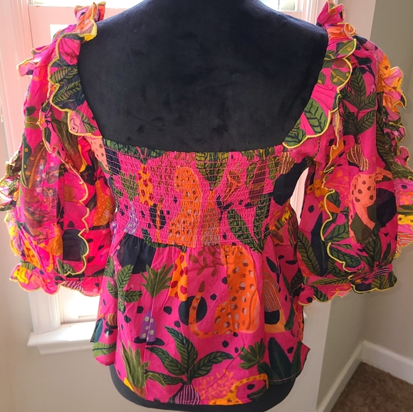 Farm Rio Pop Leopards Blouse Size Small NWT Valentine's Spring Beach Vacay - Picture 15 of 16